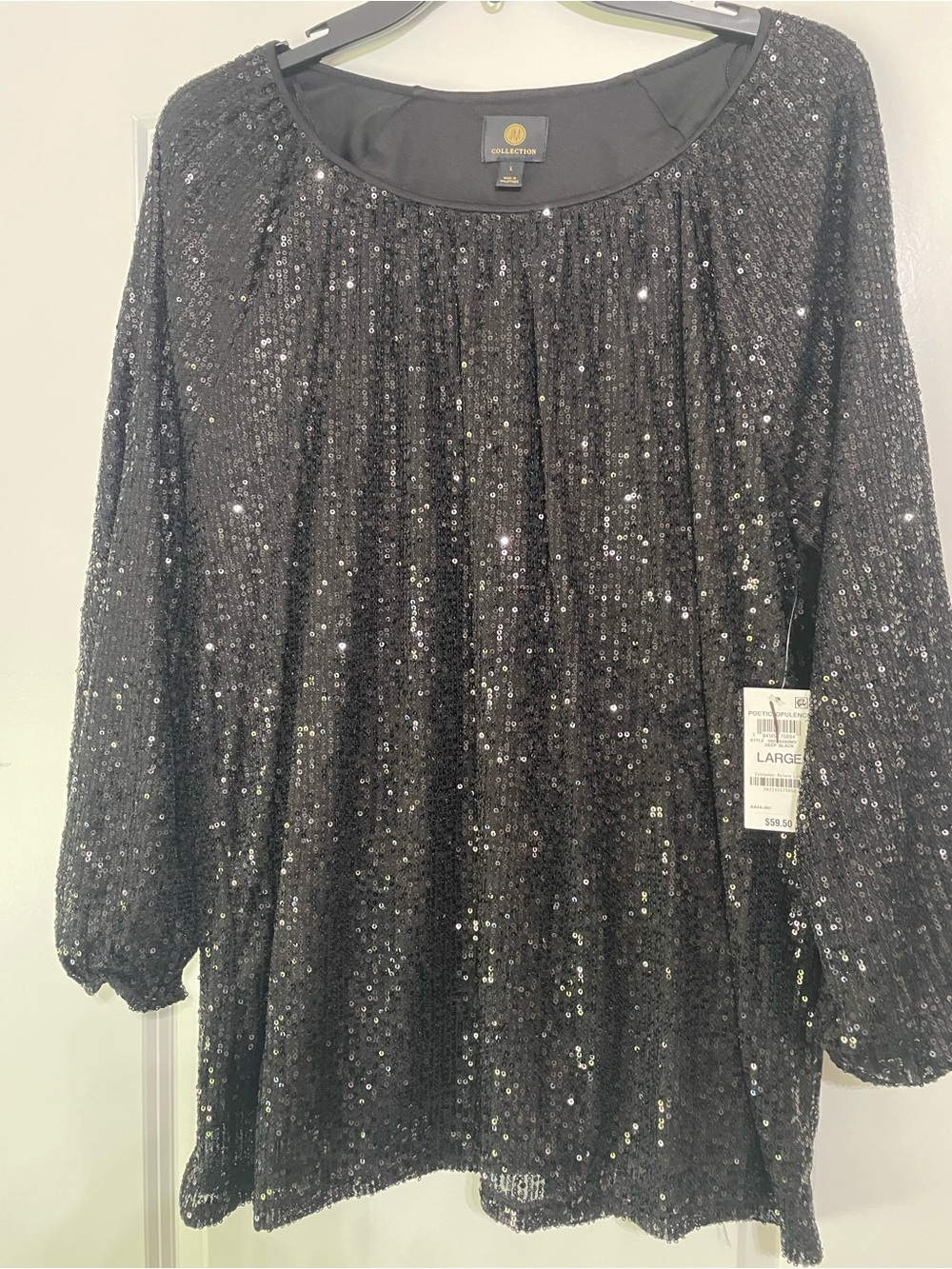 JM Collection Black Sequin Long-Sleeve Tunic Top Size Large - Picture 6 of 8
